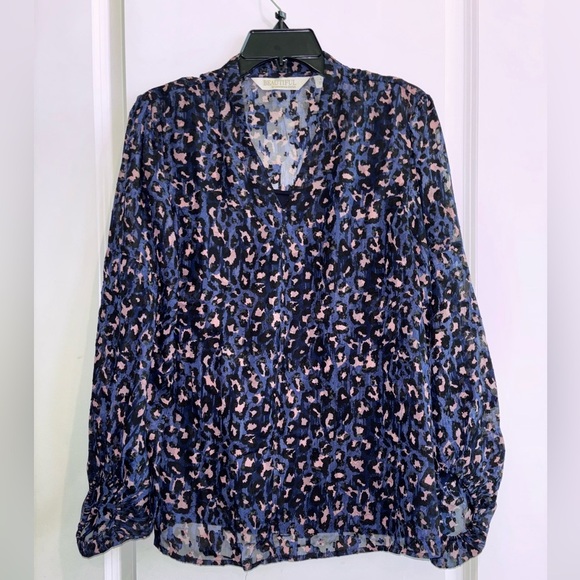 Beautiful by Lawrence Zarian Navy Pink Leopard Print Sheer Blouse - Picture 2 of 3